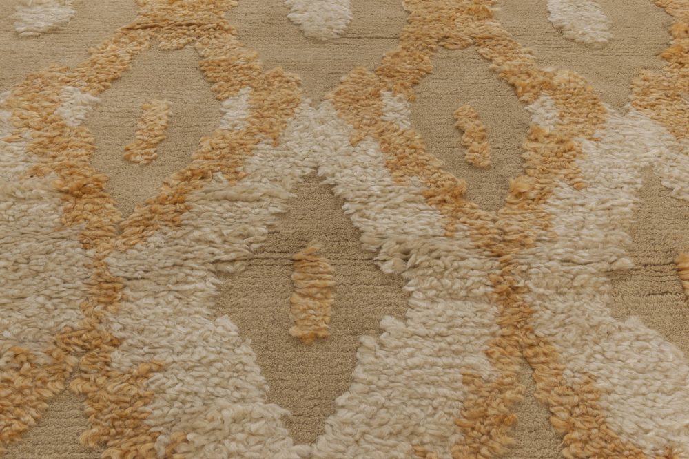 Modern Kasuri Beige, Gold & Orange Hand Knotted Wool Rug N11803