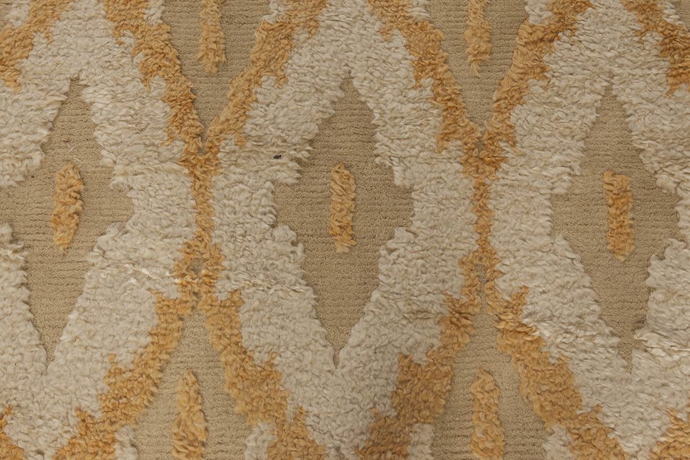 Modern Kasuri Beige, Gold & Orange Hand Knotted Wool Rug N11803