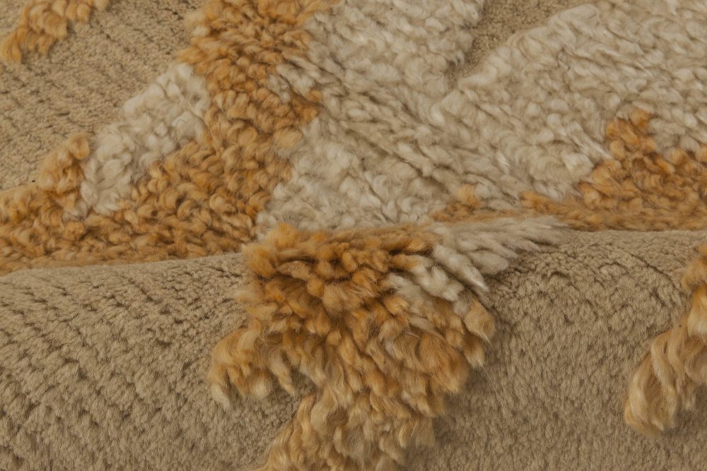 Modern Kasuri Beige, Gold & Orange Hand Knotted Wool Rug N11803