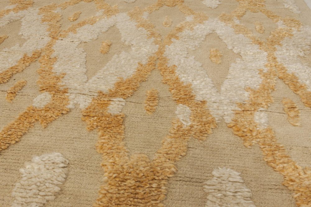 Modern Kasuri Beige, Gold & Orange Hand Knotted Wool Rug N11803