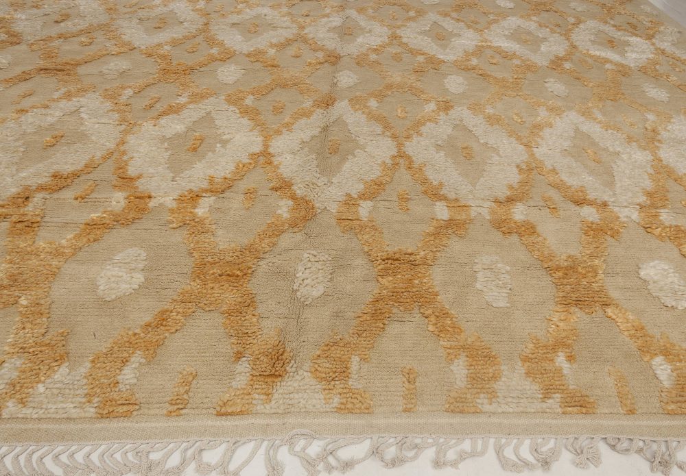 Modern Kasuri Beige, Gold & Orange Hand Knotted Wool Rug N11803