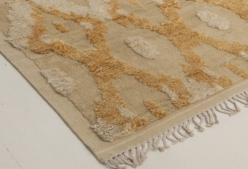 Modern Kasuri Beige, Gold & Orange Hand Knotted Wool Rug N11803