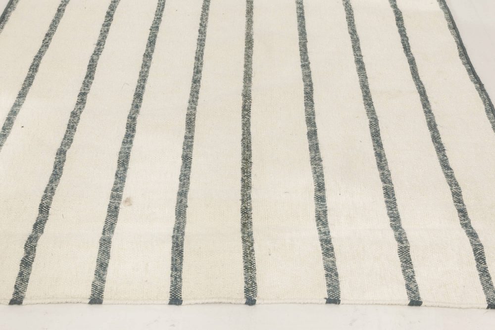 Doris Leslie Blau Collection Modern Indian Dhurrie White, Blue Striped Runner N11791