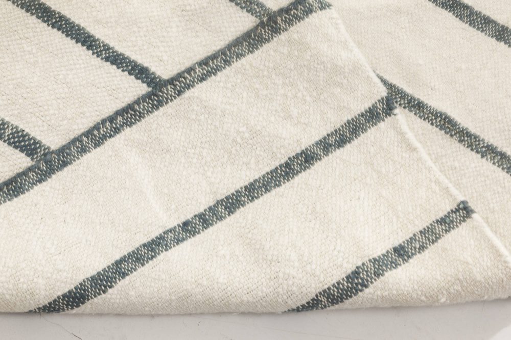 Doris Leslie Blau Collection Modern Indian Dhurrie White, Blue Striped Runner N11791