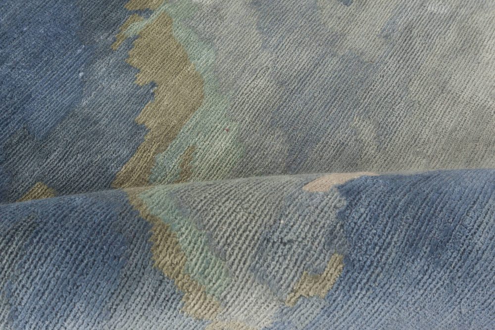 Doris Leslie Blau Collection Abstract Blue Sea, Sand Beige Handmade Silk Runner N11770