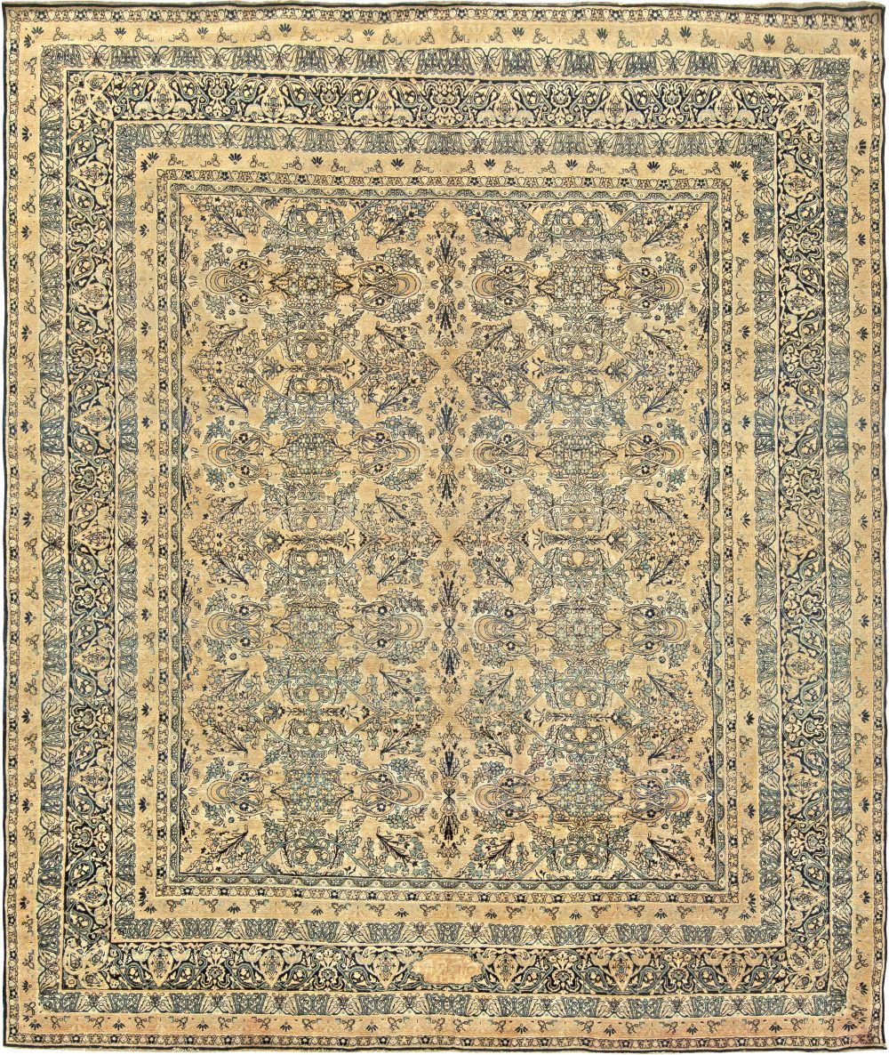 Antique Persian Kirman Beige, Inky Blue, Green and Brown Wool Rug BB6819