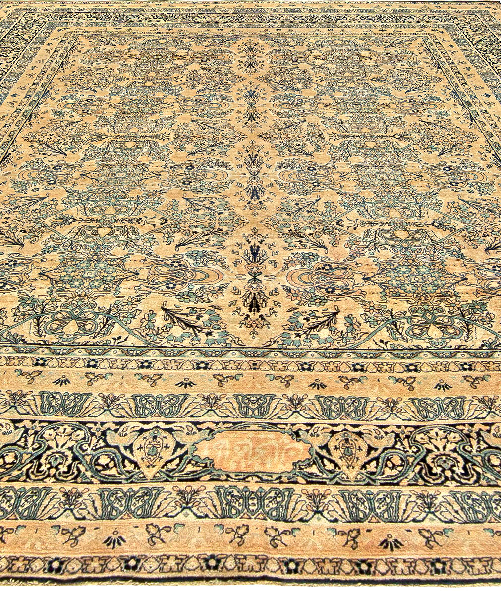 Antique Persian Kirman Beige, Inky Blue, Green and Brown Wool Rug BB6819