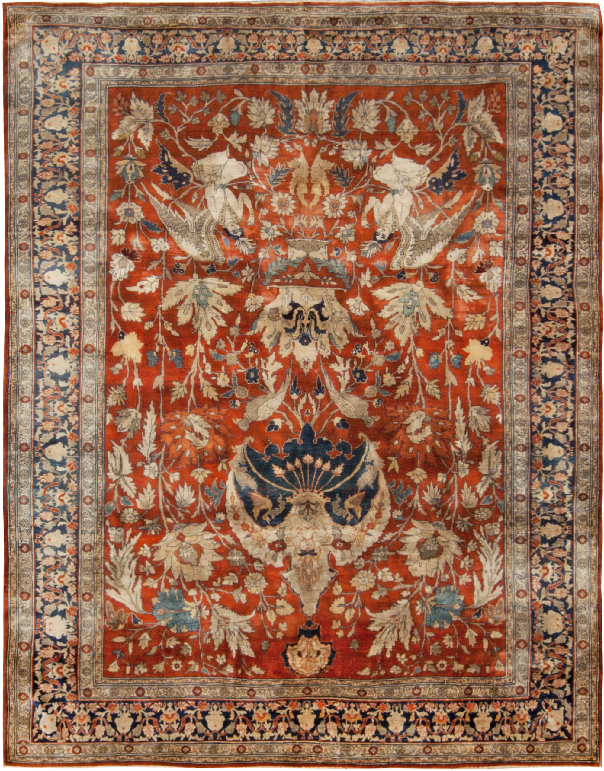 19th Century Persian Tabriz Silk Red and Navy Blue Rug