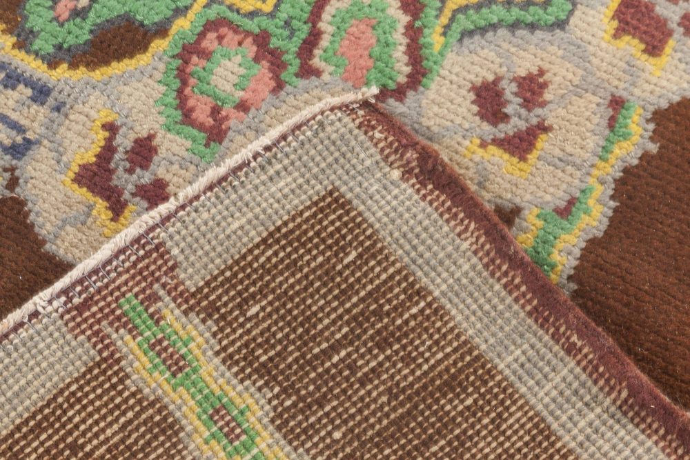 French Art Deco Brown, Green, Yellow, Blue, Lilac Handmade Wool Rug BB6639