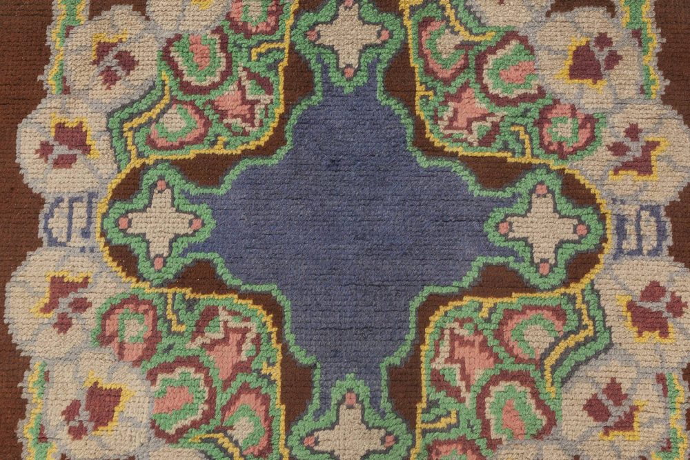 French Art Deco Brown, Green, Yellow, Blue, Lilac Handmade Wool Rug BB6639