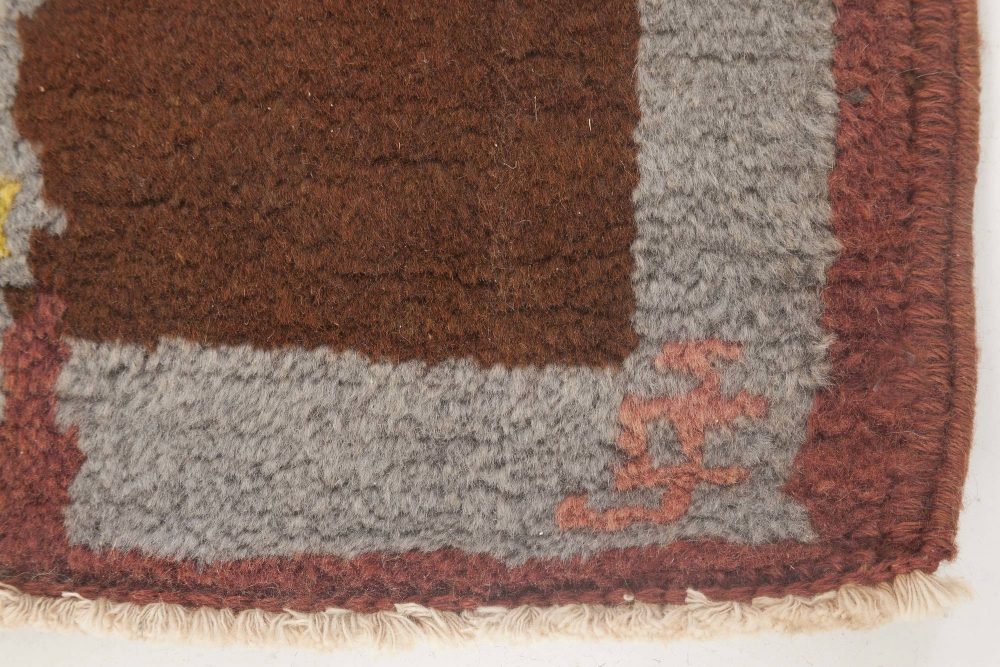 French Art Deco Brown, Green, Yellow, Blue, Lilac Handmade Wool Rug BB6639