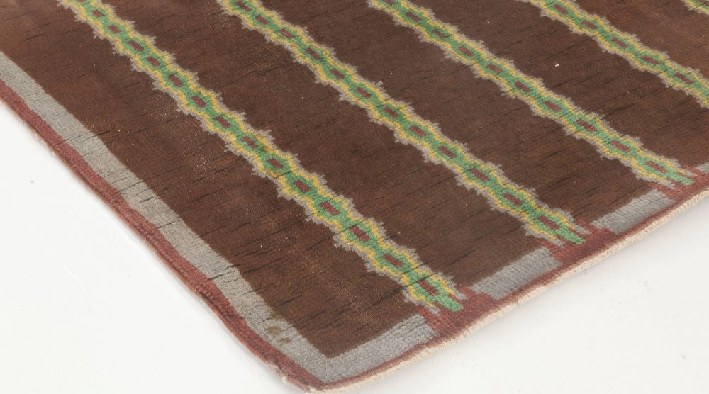 French Art Deco Brown, Green, Yellow, Blue, Lilac Handmade Wool Rug BB6639