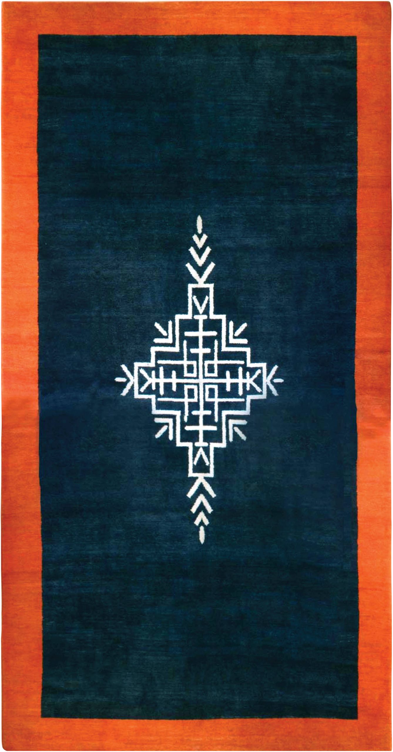 Art Deco Midnight Blue and Orange Handwoven Wool Rug BB6715