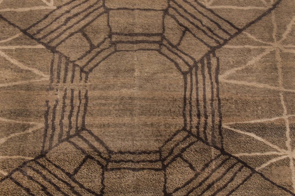 Mid-century Modern European Hand Knotted Wool Rug in Beige, Taupe, and Brown BB6622