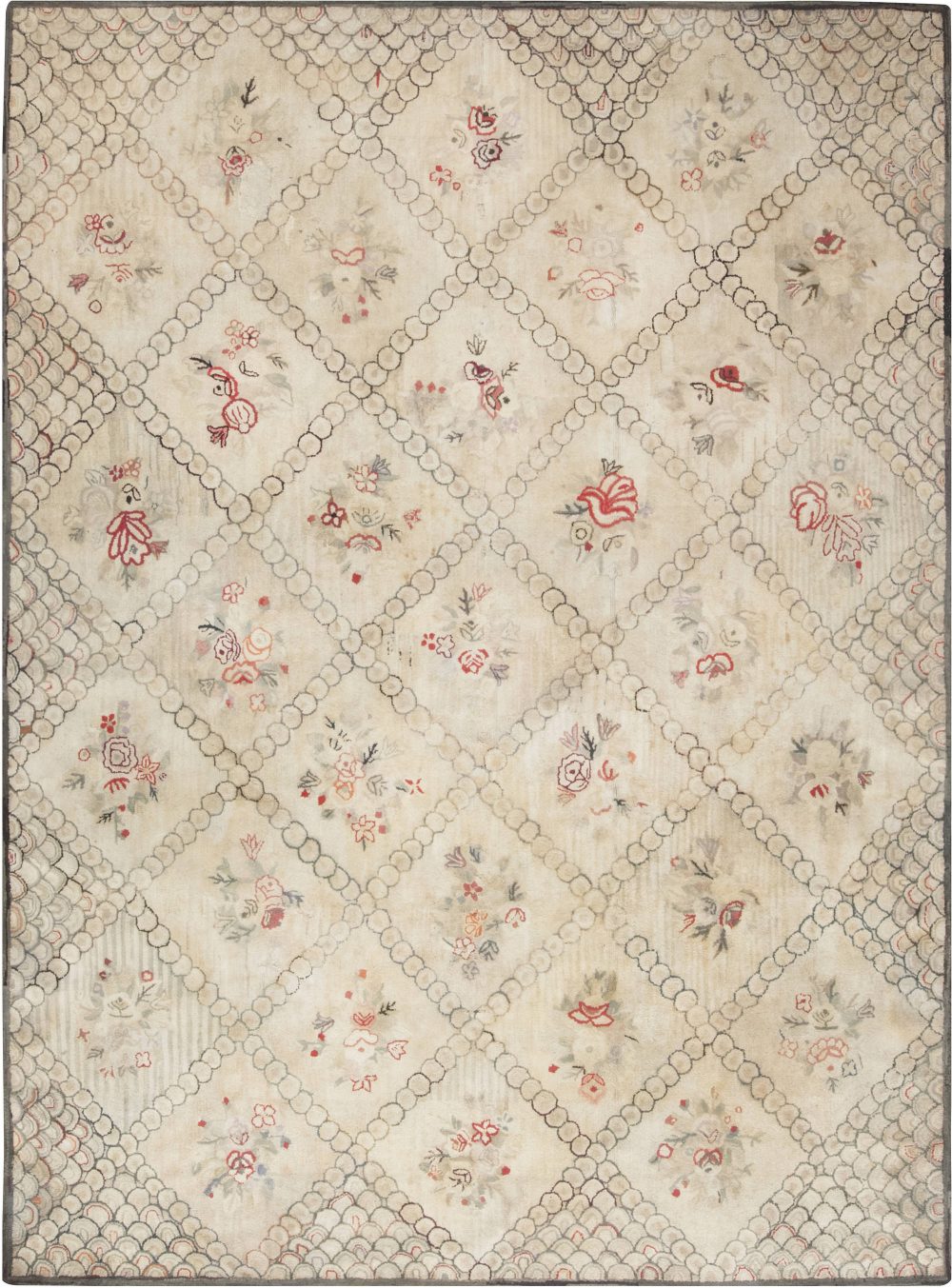 Vintage Hooked Floral Carmine and Beige Handmade Wool Rug BB6650