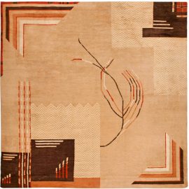 Vintage French Art Deco Abstract Warm Tan Hand-Knotted Wool Rug BB6753