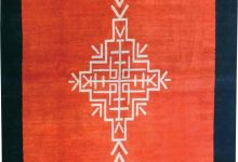 Dutch <mark class='searchwp-highlight'>Art Deco</mark> Red Rug with Navy Border and Ivory Central Medallion BB6716