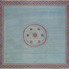 Vintage Abstract Light Blue Hand-Knotted Wool Rug Jews David Star Marbadia Rug BB6902