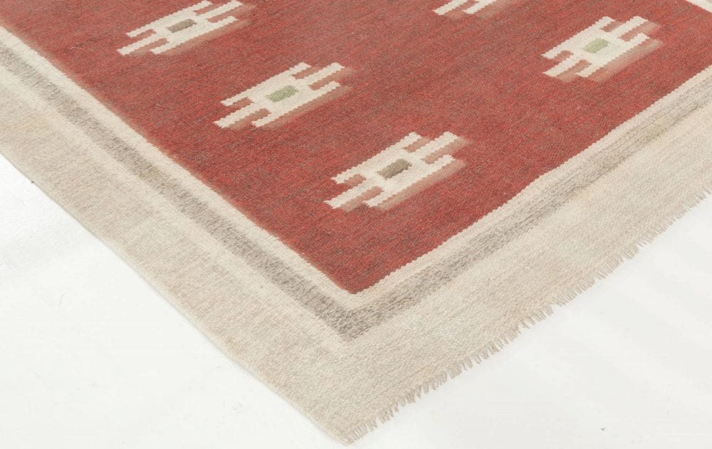 Mid-20th Century Burgundy, Ivory, Beige Swedish Flat-Weave Wool Rug BB6887