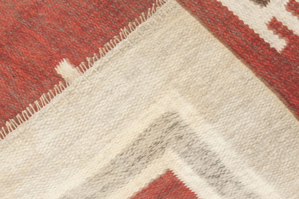 Mid-20th Century Burgundy, Ivory, Beige Swedish Flat-Weave Wool Rug BB6887