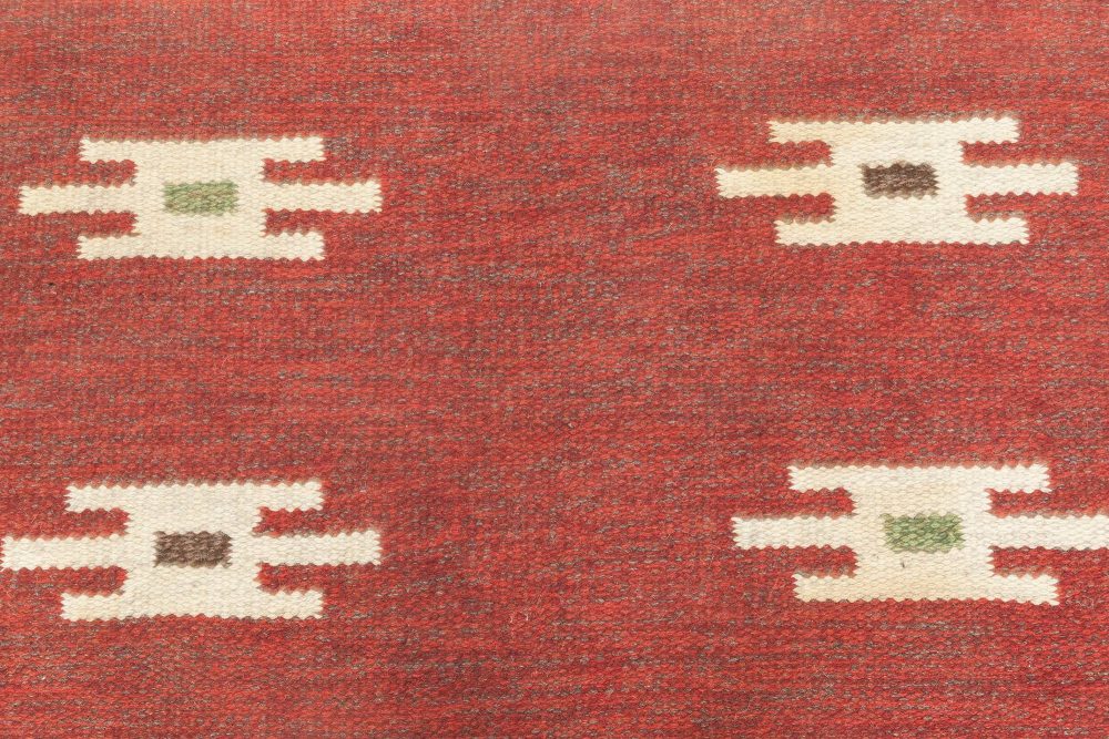 Mid-20th Century Burgundy, Ivory, Beige Swedish Flat-Weave Wool Rug BB6887