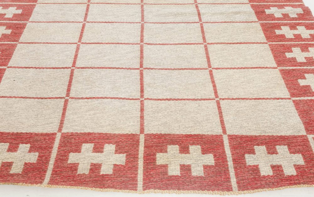 Mid-20th Century Swedish Carmine, Red, Ivory Flat-Weave Wool Rug BB6883