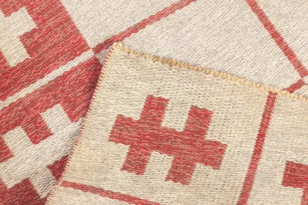Mid-20th Century Swedish Carmine, Red, Ivory Flat-Weave Wool Rug BB6883