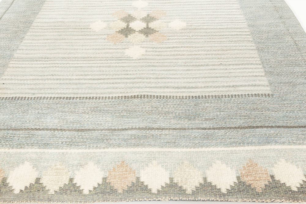 Mid-20th Century Geometric Blue Swedish Flat-Weave Rug Signed by Ingegerd Silow BB6889