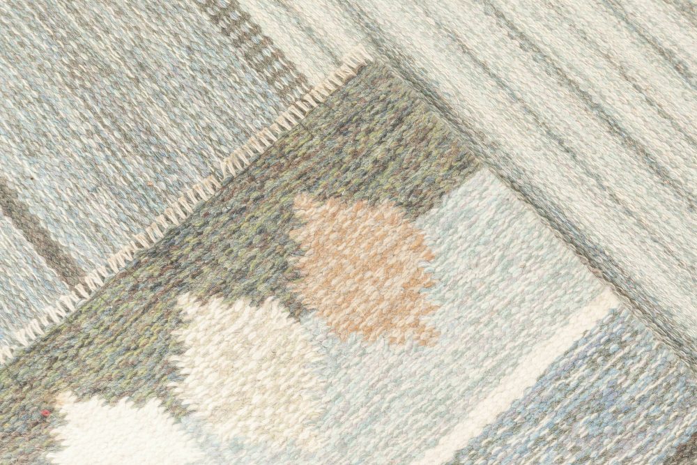 Mid-20th Century Geometric Blue Swedish Flat-Weave Rug Signed by Ingegerd Silow BB6889