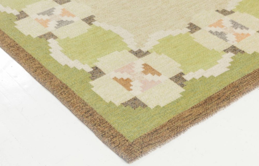 Vintage Swedish Green, Brown Flat-Weave Wool Rug Signed by Ingegerd Silow BB6885