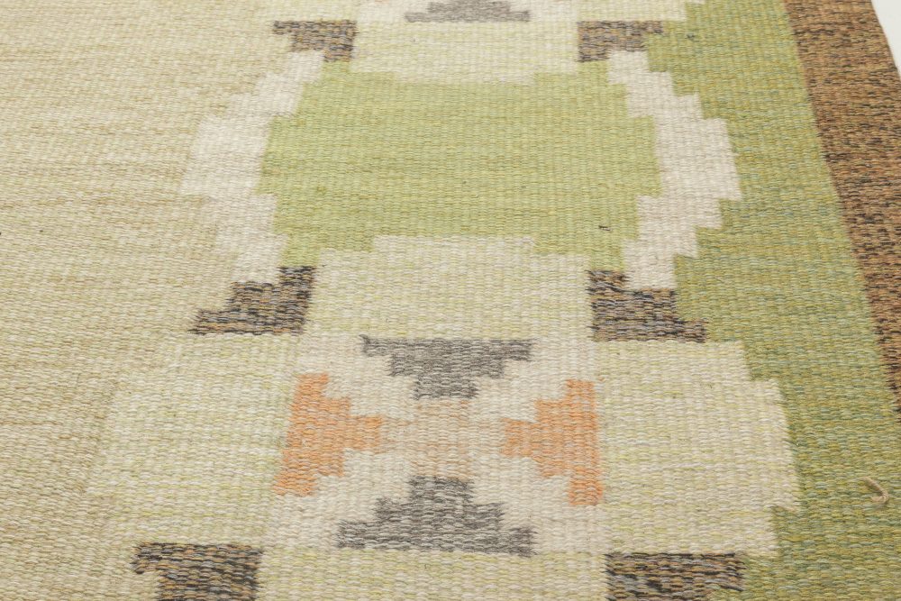 Vintage Swedish Green, Brown Flat-Weave Wool Rug Signed by Ingegerd Silow BB6885