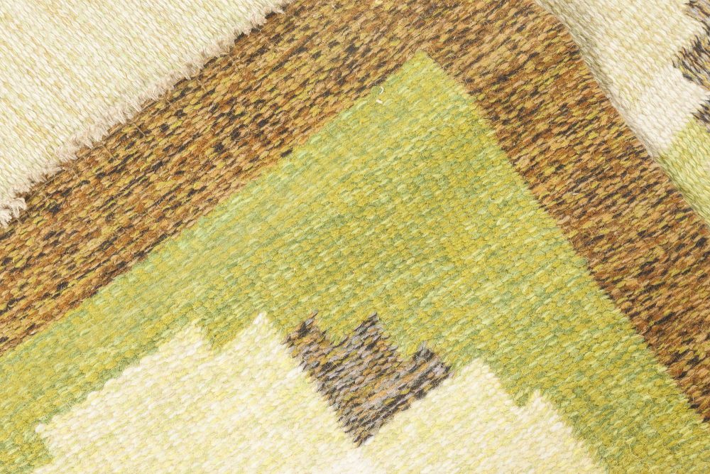 Vintage Swedish Green, Brown Flat-Weave Wool Rug Signed by Ingegerd Silow BB6885
