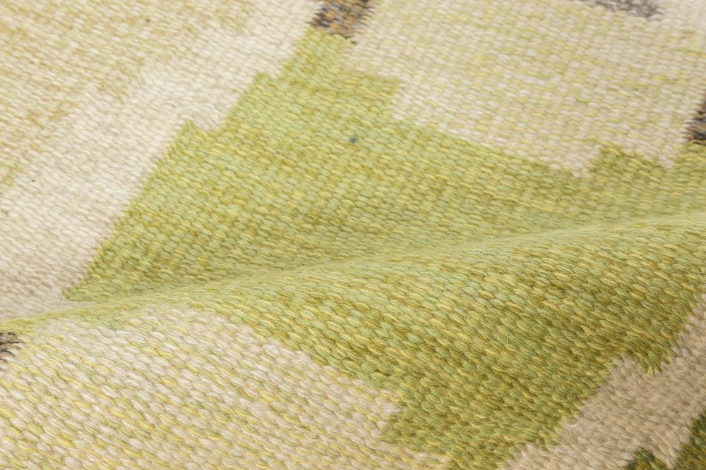 Vintage Swedish Green, Brown Flat-Weave Wool Rug Signed by Ingegerd Silow BB6885