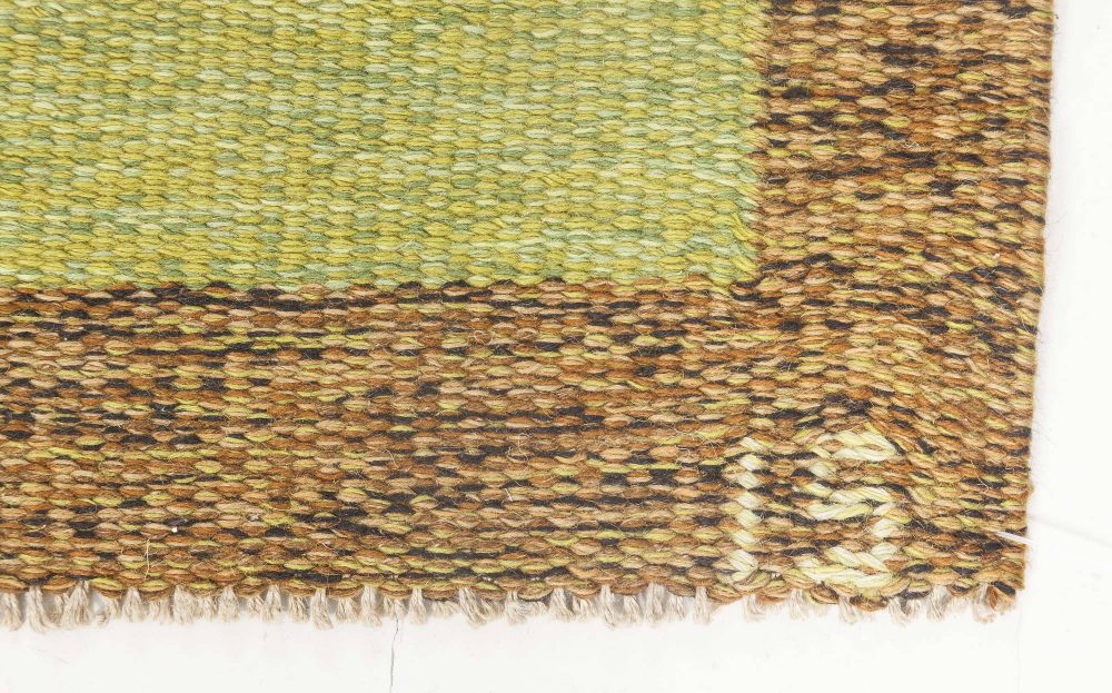 Vintage Swedish Green, Brown Flat-Weave Wool Rug Signed by Ingegerd Silow BB6885