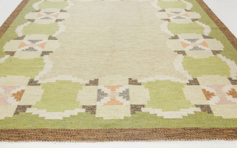 Vintage Swedish Green, Brown Flat-Weave Wool Rug Signed by Ingegerd Silow BB6885