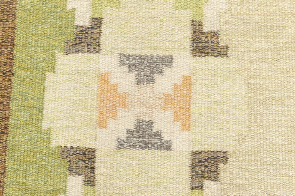 Vintage Swedish Green, Brown Flat-Weave Wool Rug Signed by Ingegerd Silow BB6885