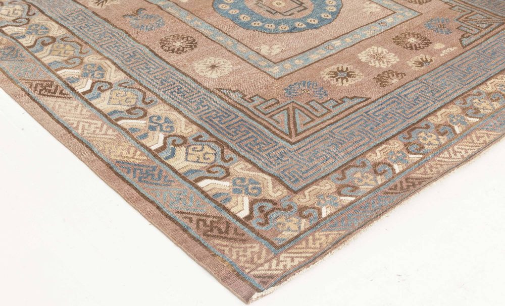 Mid-20th Century Geometric Brown, Blue Samarkand Hand Knotted Wool Rug BB6652