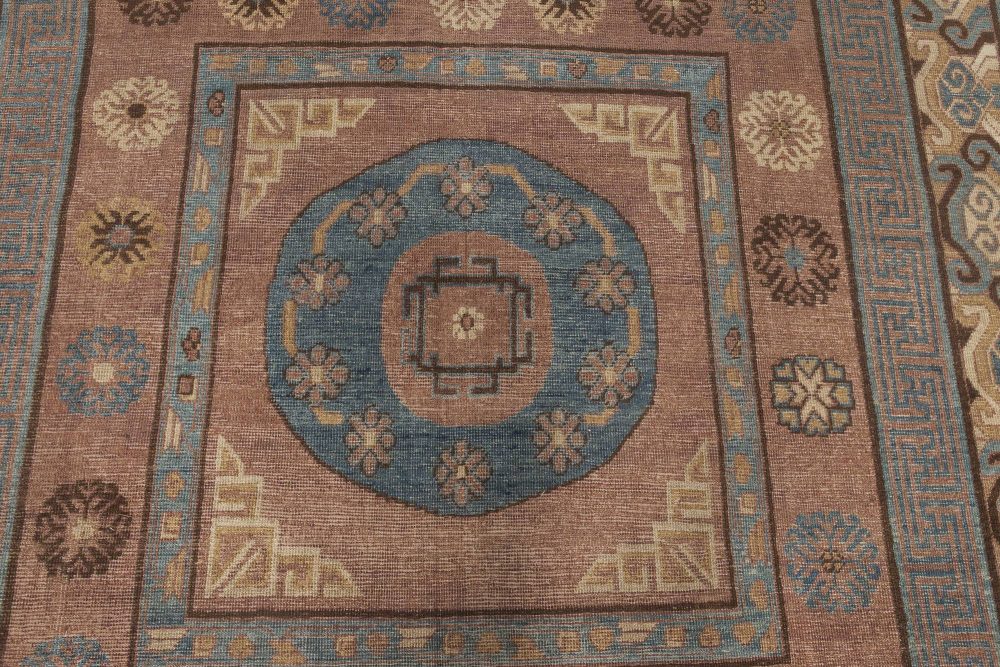 Mid-20th Century Geometric Brown, Blue Samarkand Hand Knotted Wool Rug BB6652