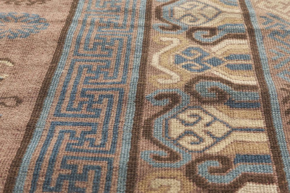 Mid-20th Century Geometric Brown, Blue Samarkand Hand Knotted Wool Rug BB6652