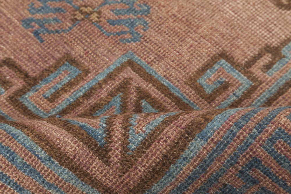 Mid-20th Century Geometric Brown, Blue Samarkand Hand Knotted Wool Rug BB6652