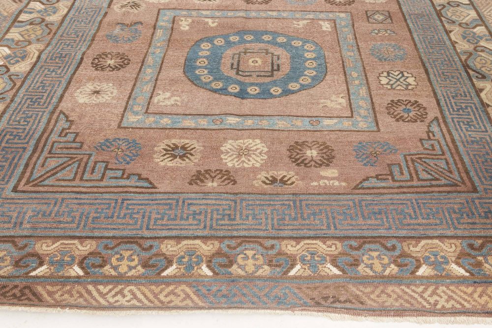 Mid-20th Century Geometric Brown, Blue Samarkand Hand Knotted Wool Rug BB6652