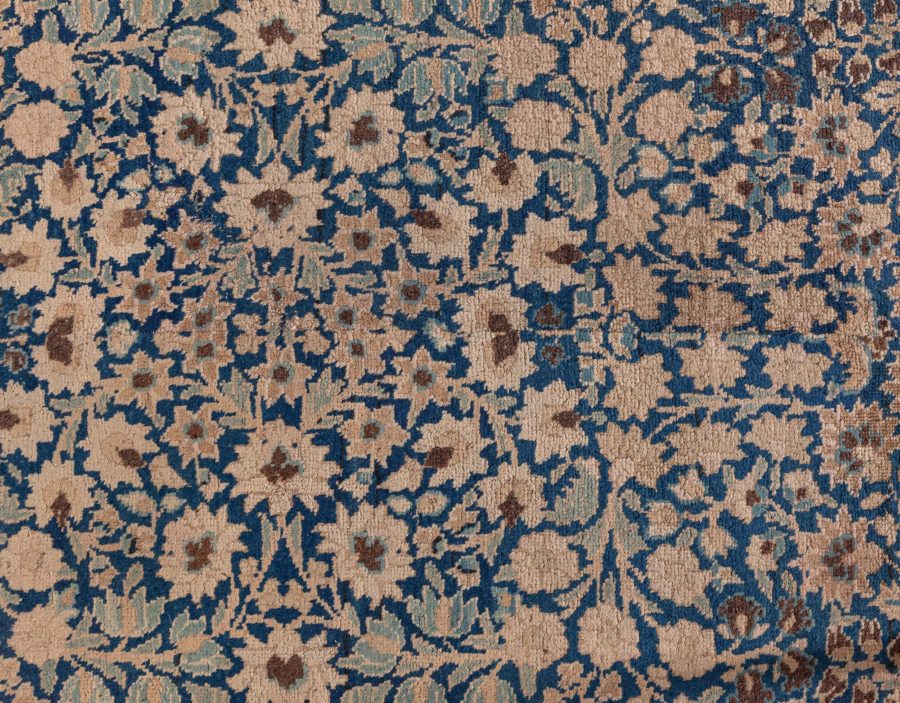 Antique Persian Kirman Indigo Blue, Beige and Brown Handwoven Wool Runner BB6915