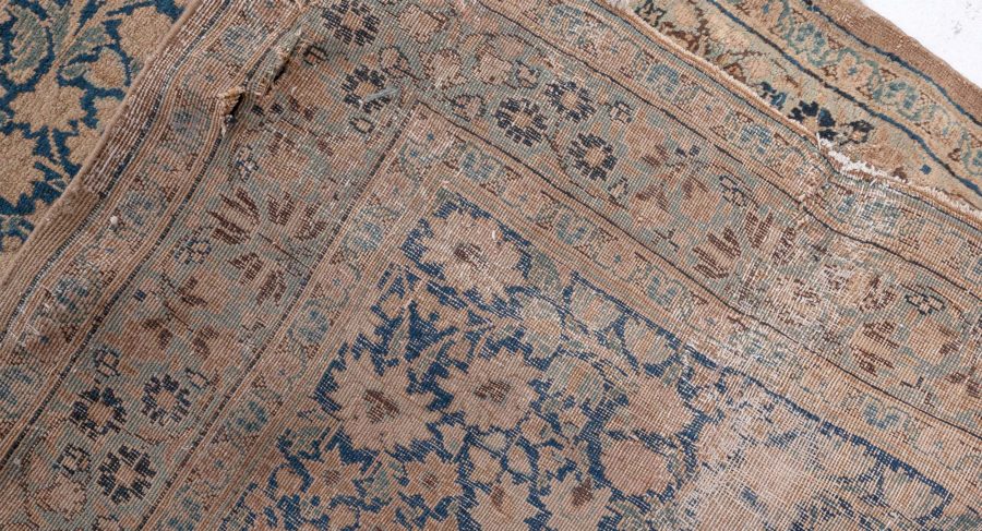 Antique Persian Kirman Indigo Blue, Beige and Brown Handwoven Wool Runner BB6915