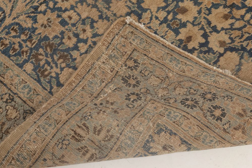 Antique Persian Kirman Indigo Blue, Beige and Brown Handwoven Wool Runner BB6915