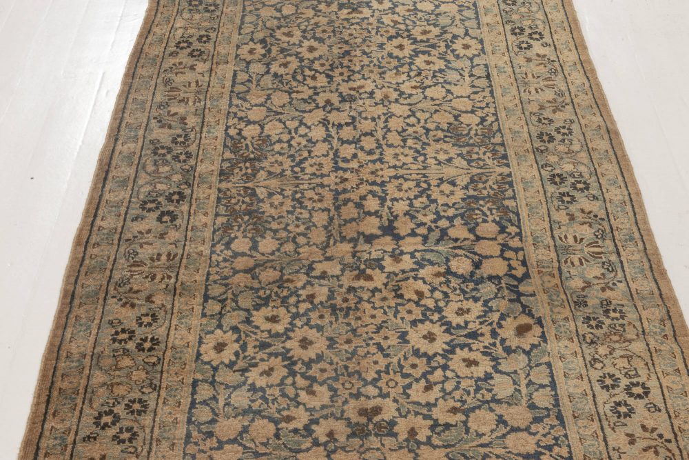 Antique Persian Kirman Indigo Blue, Beige and Brown Handwoven Wool Runner BB6915