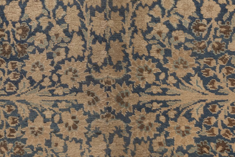Antique Persian Kirman Indigo Blue, Beige and Brown Handwoven Wool Runner BB6915