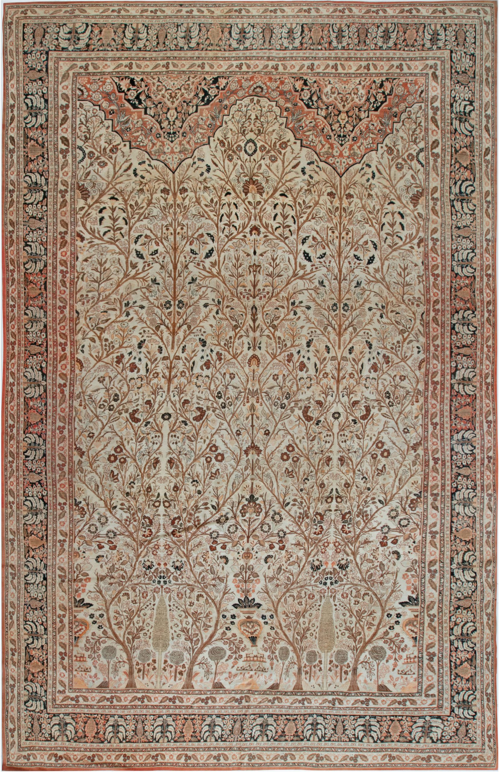 Antique Persian Tabriz Floral Beige, Blue and Brown Handwoven Wool Rug BB6917