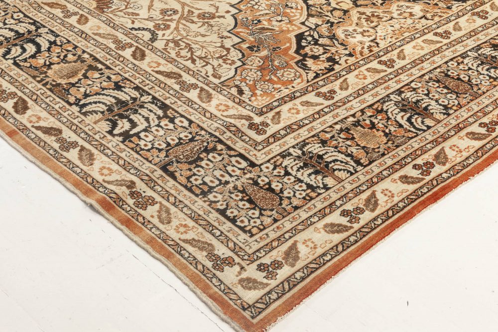 Antique Persian Tabriz Floral Beige, Blue and Brown Handwoven Wool Rug BB6917