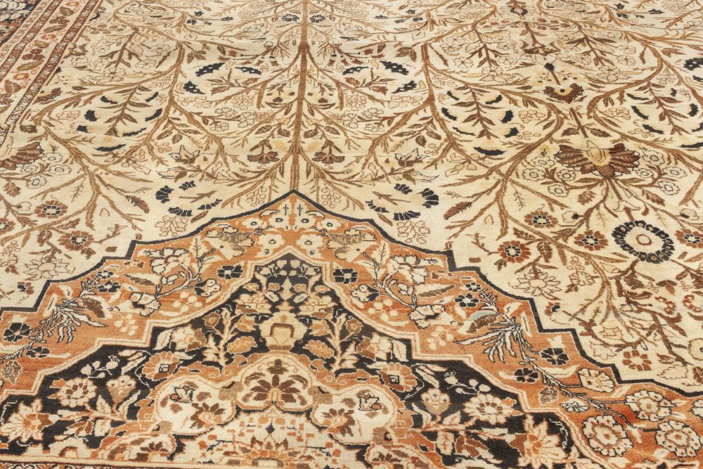 Antique Persian Tabriz Floral Beige, Blue and Brown Handwoven Wool Rug BB6917