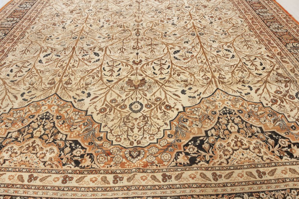 Antique Persian Tabriz Floral Beige, Blue and Brown Handwoven Wool Rug BB6917